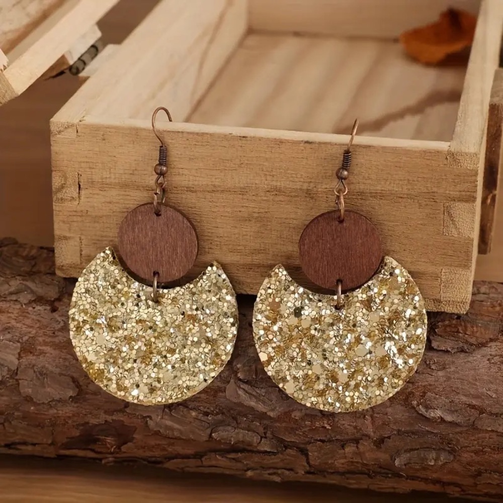 NEW Wood + Gold glittery dangle Earrings - Boutique - Picture 1 of 3